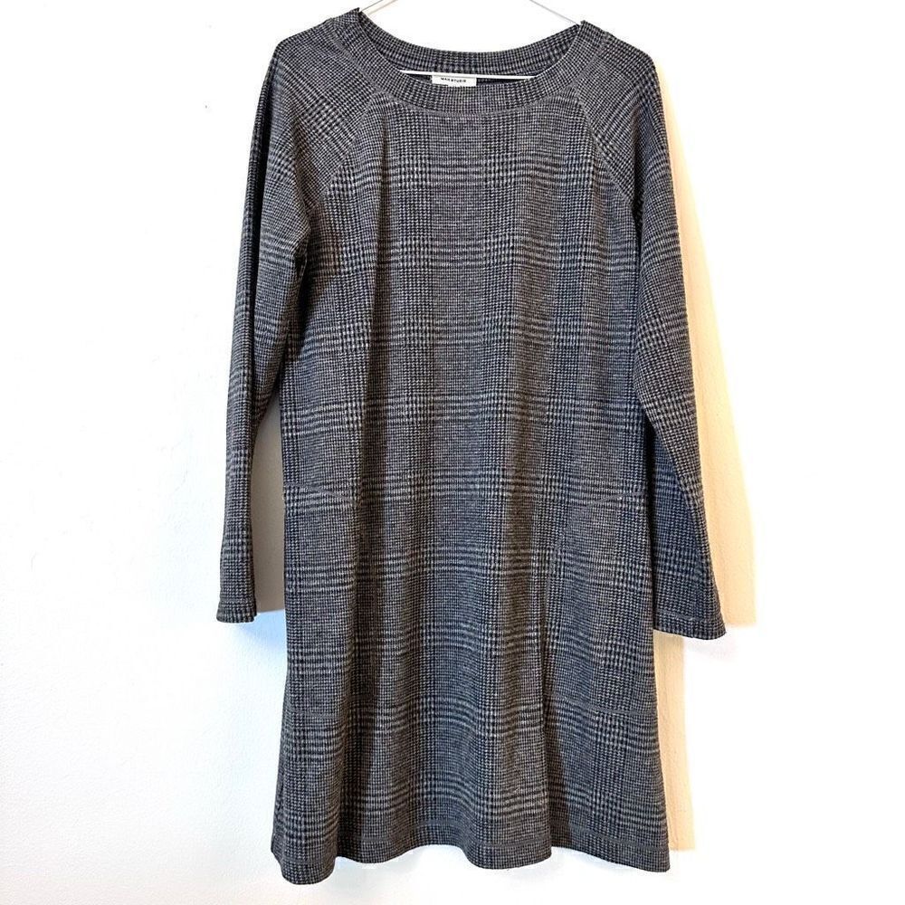 NWOT Max Studio Plaid Crew Neck Long Sleeve Shift Dress Gray Medium